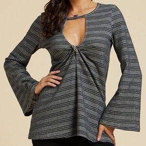 On Trend Striped Bell Sleeve Choker Cut Out Top